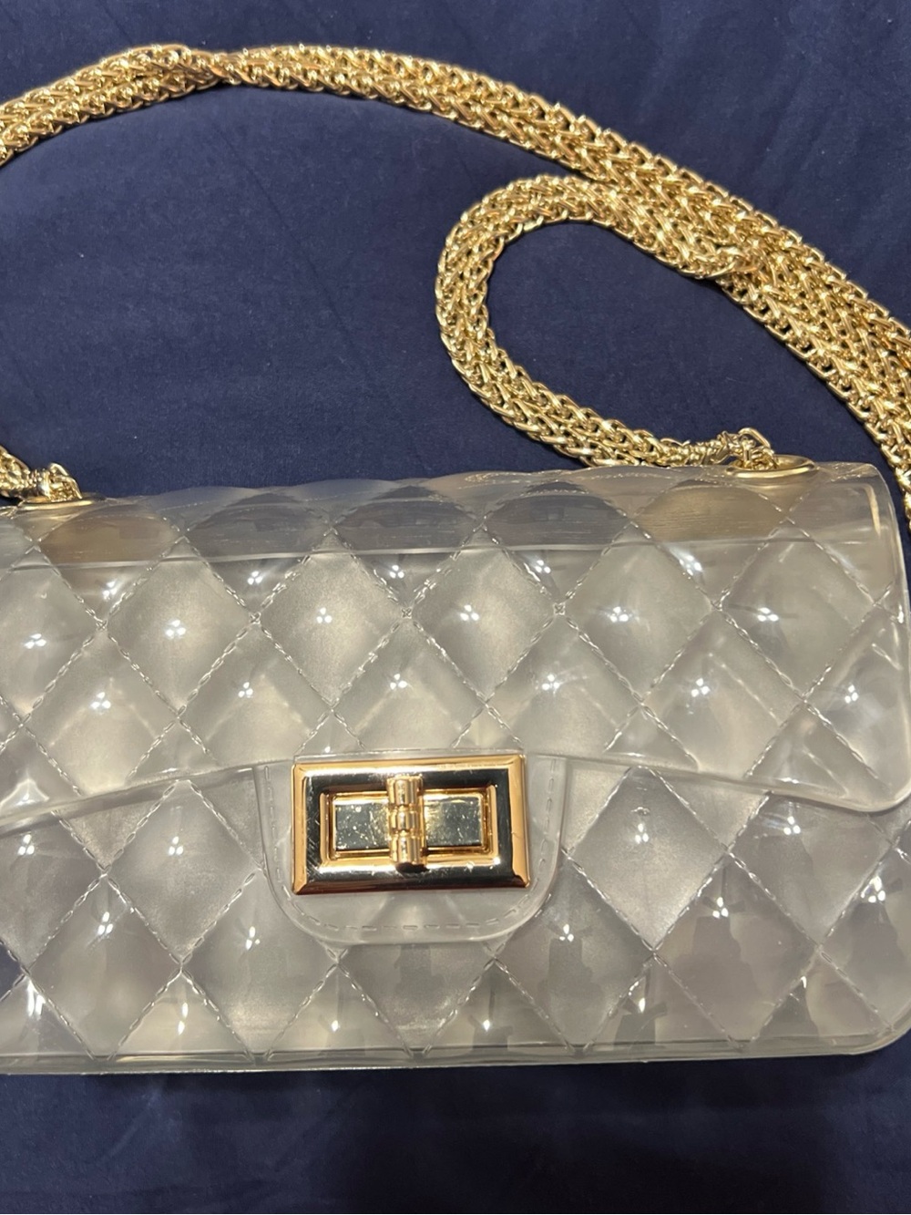 Clear Frosted Jelly Crossbody Bag Quilted GoldChain Strap Stadium Approved Purse